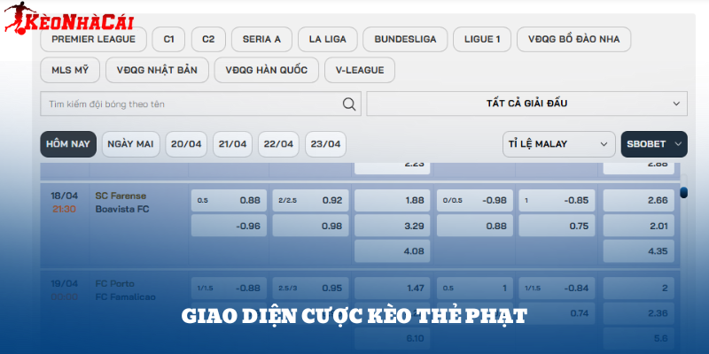 Giao diện cược thẻ phạt tại một nhà cái – hiển thị đủ các loại kèo từ tài xỉu thẻ đến thẻ đầu tiên/cuối cùng.